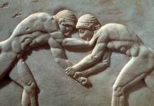 Wettkampf zwischen Athleten, Relief aus der Nekropole von Kerameikos in Athen, Griechenland, Detail, griechische Zivilisation, 6. Jahrhundert v. Chr. von Greek School