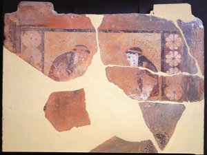 Tochter von Pandion, König von Athen, ca. 630 v. Chr., bemalte Terrakotta-Metope aus dem Tempel des Apollo in Thermos, Griechenland, griechische Zivilisation, 7. Jahrhundert v. Chr. von Greek School