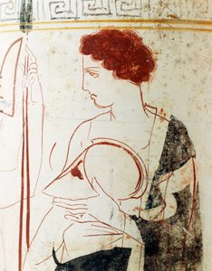 Weißgrundige Keramik, attische Lekythos, die eine Begräbnisszene mit Krieger vor dem Grab darstellt (Detail)