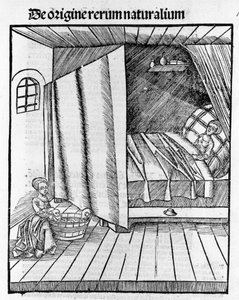 Eine Hebamme reinigt das neugeborene Baby, während die Mutter sich ausruht. Gravur in „Margarita Philosophica“ von Gregor Reisch (1467-1525), Basel