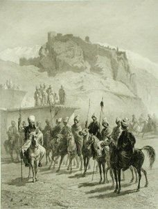 Schloss von Atskhour, Akhaltsik, Platte 10 aus einem Buch über den Kaukasus, graviert von Adolphe Mouilleron, veröffentlicht von Alfred Leon Lemercier, Paris von Grigori Grigorevich (after) Gagarin