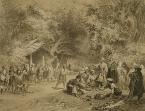 Ende der Jagd, Mingrelien, Tafel 6 aus einem Buch über den Kaukasus, graviert von Adolphe Mouilleron, veröffentlicht von Alfred Leon Lemercier, Paris, 1847 von Grigori Grigorevich Gagarin