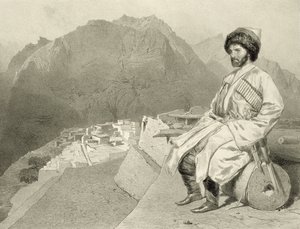 Ansicht von Ghimri und Porträt von Hadji-Mourad, Tafel 66 aus einem Buch über den Kaukasus, graviert von Jules Joseph Augustin Laurens und Eugene Ciceri, von Adolphe Mouilleron