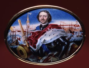 Porträt von Kaiser Peter I. mit Blick auf die Peter-und-Paul-Festung in St. Petersburg von Grigori Semyonovich Musiklysky