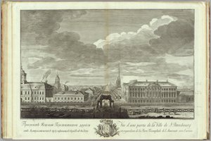 Newski-Prospekt mit dem Stroganow-Palast Buch zum 50. Jahrestag der Gründung von St. Petersburg, 1753