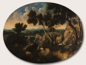 Felsige Landschaft mit Jägern