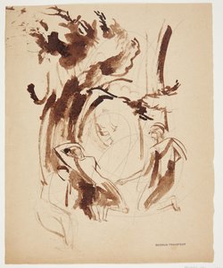 Antike Szene mit kniender und liegender Figur unter einem Baum von Gudrun Traustedt