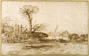 Ein Fluss in Flut und Bauern mit Äxten und anderen Werkzeugen von Guercino