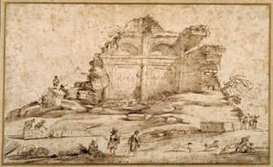 Landschaft mit klassischen Ruinen und einem von Hunden angegriffenen Jugendlichen von Guercino