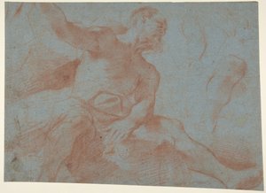 Sitzender alter Mann mit erhobenem rechten Arm (Tithonus) (recto) von Guercino