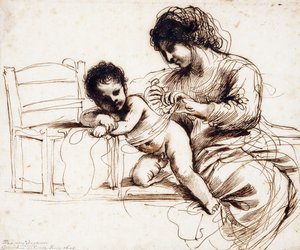 Eine Mutter und ein Kind neben einem Stuhl von Guercino