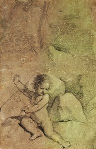 Amor zieht einen Pfeil aus einem Köcher, in einer Landschaft von Guercino