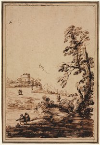 Landschaft mit kleiner Gebäudegruppe, zweite Hälfte 1700er Jahre von Guercino