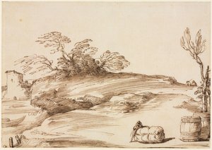 Landschaft mit einem Mann, der sich auf einen Ballen lehnt