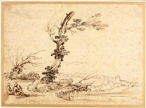 Landschaft mit Falknern bei einem Baum