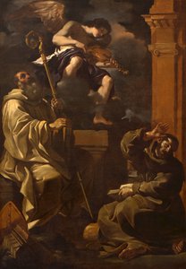 Heiliger Benedikt und Heiliger Franziskus hören einem Musikerengel zu von Guercino