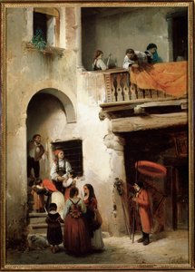 Letzte Ölung, eine Familie wartet vor dem Haus eines Sterbenden von Guglielmo Castoldi