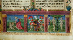 Die Schöpfung und Versuchung von Adam und Eva mit dem Wappen des Hauses Este, aus der Bible des Chartreux von Guglielmo Giraldi