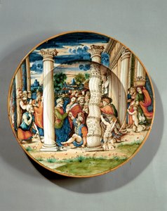 Schale mit Darstellung von St. Peter und St. Johannes, wie sie den Lahmen am Tempel heilen, ca. 1540-50 (Majolika) von Guido Di (workshop of) Merlino