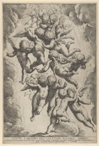 Eine Gruppe von Engeln, die sich im Flug umarmen, umrahmt von Wolken von Guido Reni