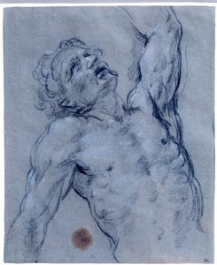 Halbfigur eines nackten Mannes, der sich zurücklehnt und vorgibt zu leiden. Zeichnung von Guido Reni genannt Der Guide (1573-1642) von Guido Reni
