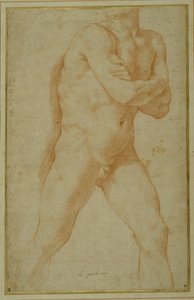 Nackter Mann schreitet vorwärts, mit verschränkten Armen und Blick über die rechte Schulter von Guido Reni