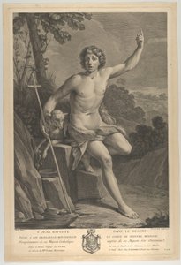 Johannes der Täufer in der Wüste, auf einem Felsen sitzend und mit der linken Hand nach oben zeigend