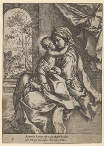 Die Jungfrau, die mit dem Christuskind auf ihrem Schoß sitzt und ihn umarmt, Joseph im Hintergrund, ca. 1600-1613 von Guido Reni