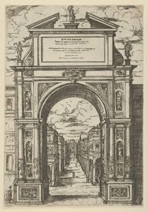 Triumphbogen mit einer Statue, die die Stadt Bologna darstellt, Gebäude im Hintergrund von Guido Reni