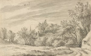 Dorfweg mit Kirchturm in der Ferne