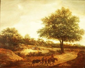 Eine bewaldete Landschaft mit Reisenden auf einem Pfad, eine Hütte dahinter von Guillam de Vos
