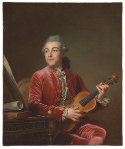 Porträt eines Gentlemans, halblang, sitzend in einer roten Samtjacke mit einer Geige von Guillaume Voiriot