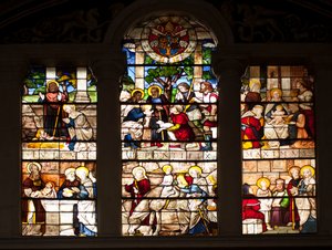 Episode aus dem Leben Jesu, Glasmalerei von Guillaume de Marcillat (1470-1529) 1509, Chor der Basilika Santa Maria del Popolo, Rom