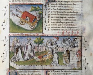 Wie Venus ankommt und die von Eifersucht erbaute Burg stürmt, Miniatur von Guillaume Lorris aus dem Manuskript Le Romanesque de la Rose
