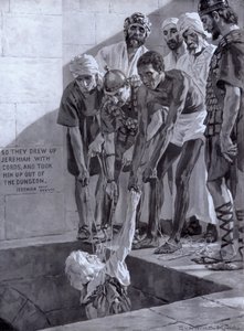 Jeremia wird aus dem Brunnen gezogen, in den er auf Rat der Fürsten von König Zedekia geworfen wurde (Lithografie)