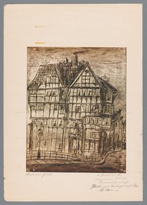 Reproduktion eines Drucks oder einer Zeichnung mit Blick auf ein altes Haus, möglicherweise in Greiz, Deutschland von Gustav Digel (signed by artist)