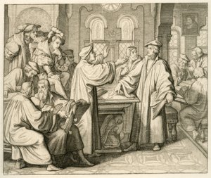 Luther und Ulrich Zwingli (1494-1531) diskutieren über das Sakrament und kommen zu keiner Einigung, in Marburg 1529
