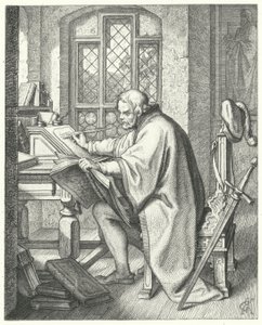 Martin Luther beginnt die Übersetzung der Bibel auf der Wartburg (Gravur)
