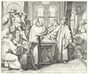 Martin Luther diskutiert das Sakrament mit Huldrych Zwingli (Stich) von Gustav Ferdinand Leopold Konig