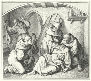 Martin Luther fällt in Ohnmacht mit einer Bibel in der Hand und seine Freunde bringen ihn wieder zu Bewusstsein (Stich) von Gustav Ferdinand Leopold Konig