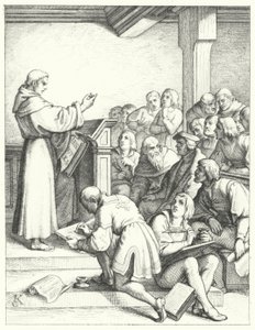 Martin Luther in einer Philosophie- und Theologievorlesung für seinen Bachelor-Abschluss (Stich) von Gustav Ferdinand Leopold Konig