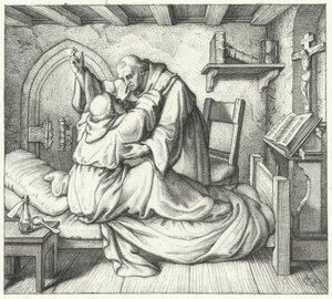 Martin Luther wird von einem Mitmönch während seiner geistigen Qual im Kloster getröstet (Stich) von Gustav Ferdinand Leopold Konig