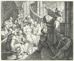 Martin Luther predigt Johann von Staupitz und den anderen Mönchen im Kloster (Gravur)