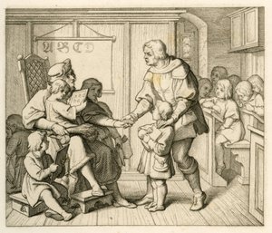 Martin Luthers Einschreibung in die Schule in Mansfeld, in dieser Illustration zusammen mit seinem Vater Hans von Gustav Ferdinand Leopold Konig