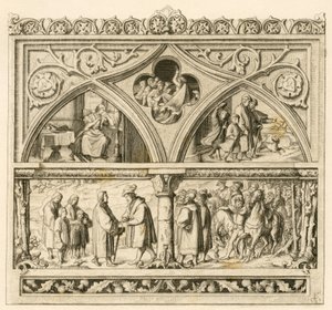 Die Reise von Martin Luther zum Grafen Mansfeld (Hoyer VI. von Mansfeld-Vorderort (1477-1540); Bild oben links: die traurige Katharina, in der Mitte: der wütende Saale-Fluss, rechts: Luther zusammen mit seinen Söhnen. Bild unten: Luther und Graf von Gustav Ferdinand Leopold Konig