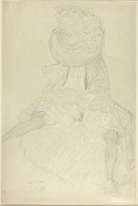 Sitzende Frau von vorne mit Hut, Gesicht verhüllt von Gustav Klimt