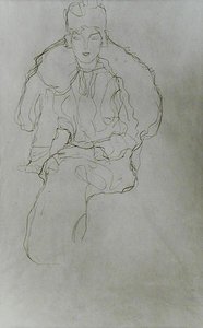 Sitzende Frau mit Pelzumhang und Kopfschmuck von Gustav Klimt