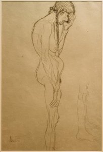 Stehende alte Frau im Profil nach rechts, Beinstudie von Gustav Klimt
