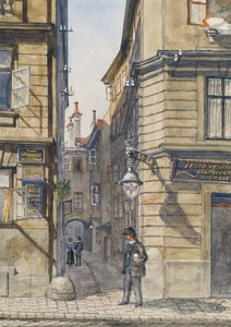Die Brunngasse mit dem ersten vegetarischen Restaurant in Wien von Gustav Korompay