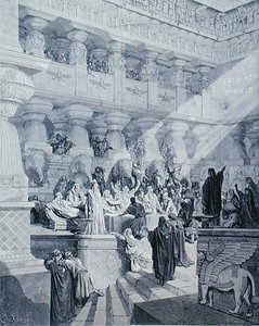 Daniel deutet die Schrift an der Wand, graviert von A. Ligny, ca. 1868